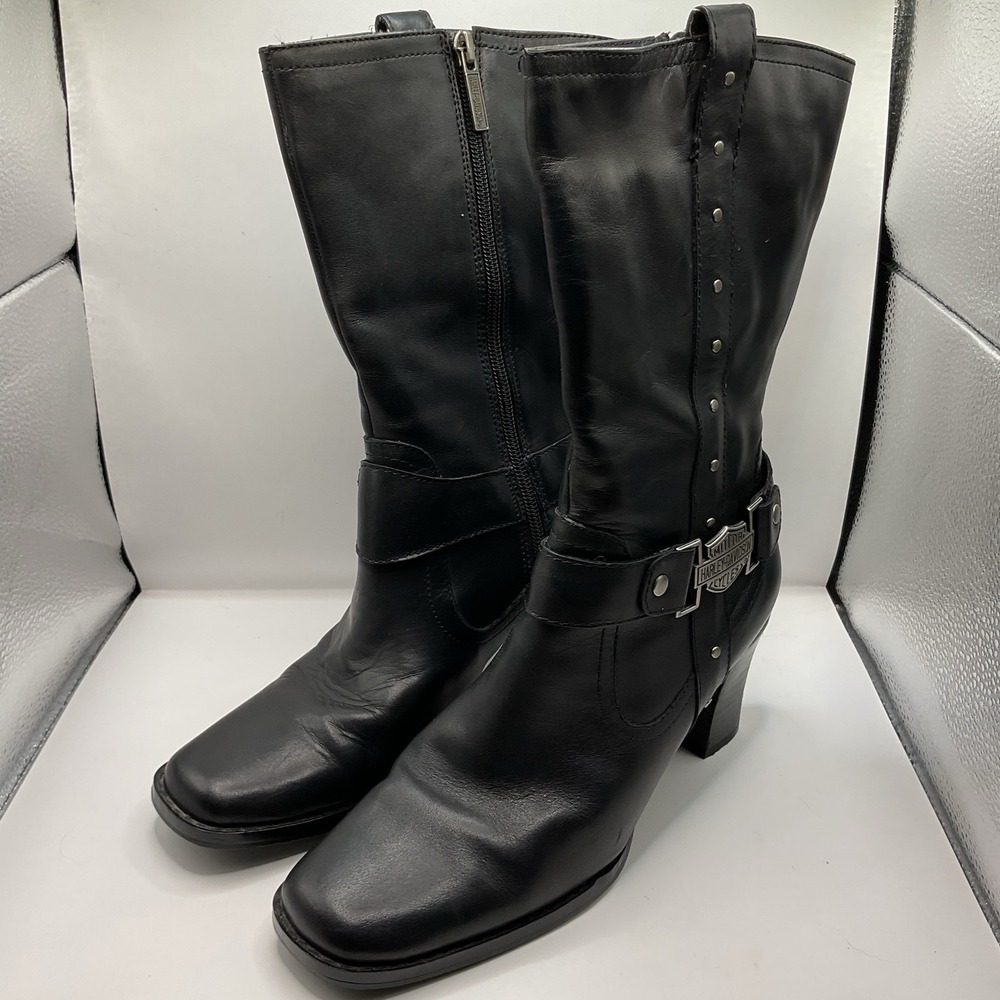Harley Davidson Womens Black Boots Mid Calf with Side Zipper Size 7